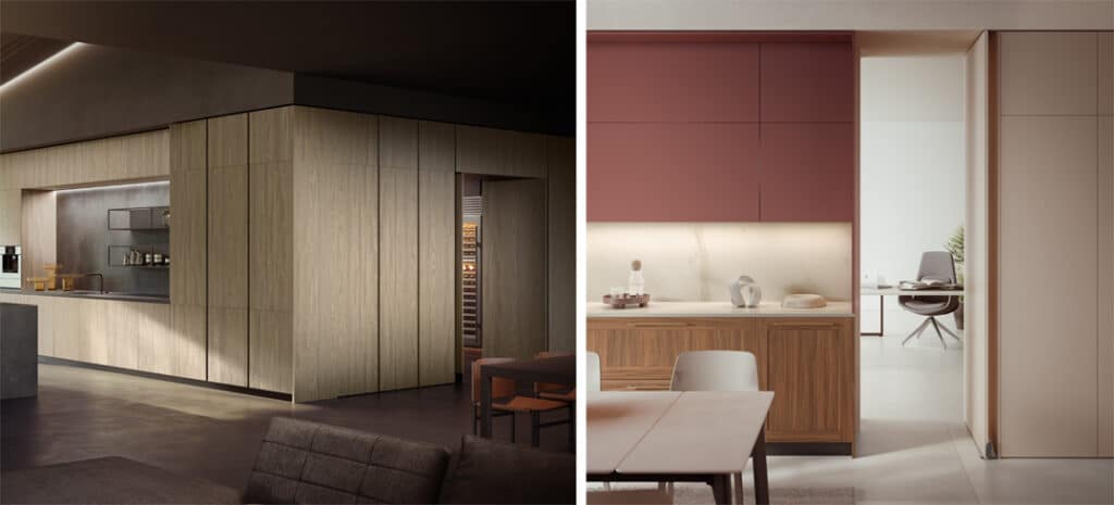 Two modern kitchen designs with different color schemes and layouts.