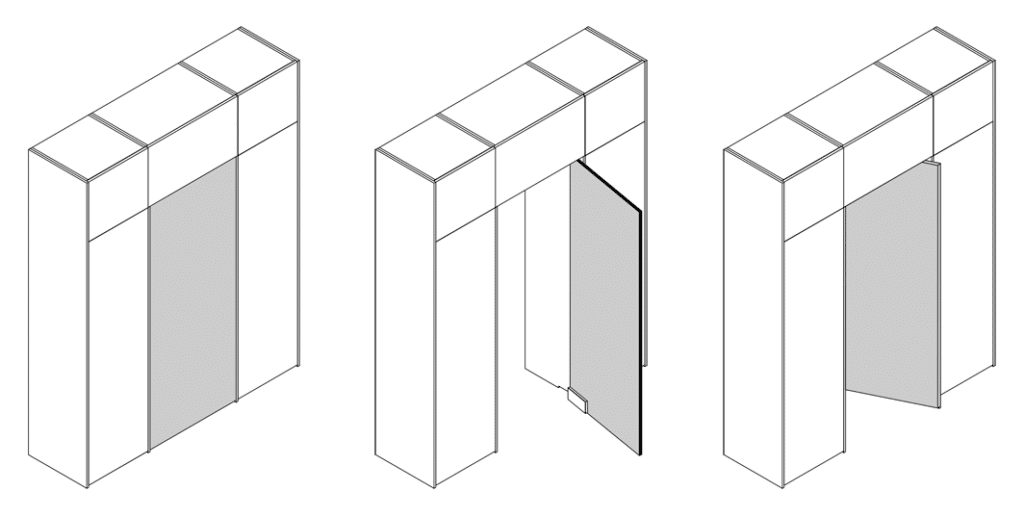 Drawings of pivot doors integrated within the kitchen pantry wall