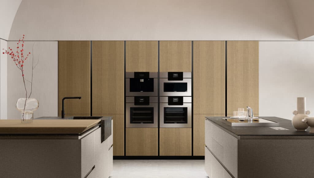 Tall kitchen cabinets in ribbed light oak wood