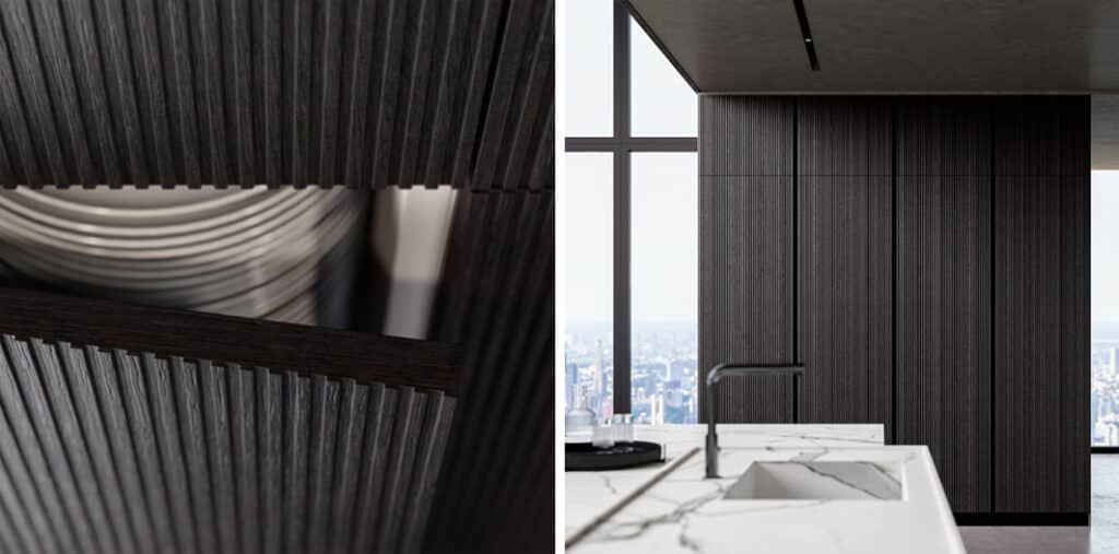 Luxury kitchen cabinets in ribbed dark oak