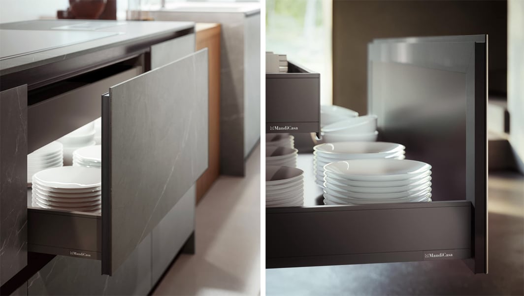 Detail of kitchen cabinets in grey gres stoneware