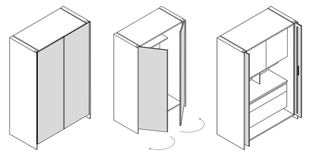 Drawing of luxury kitchen storage solution with pocket doors