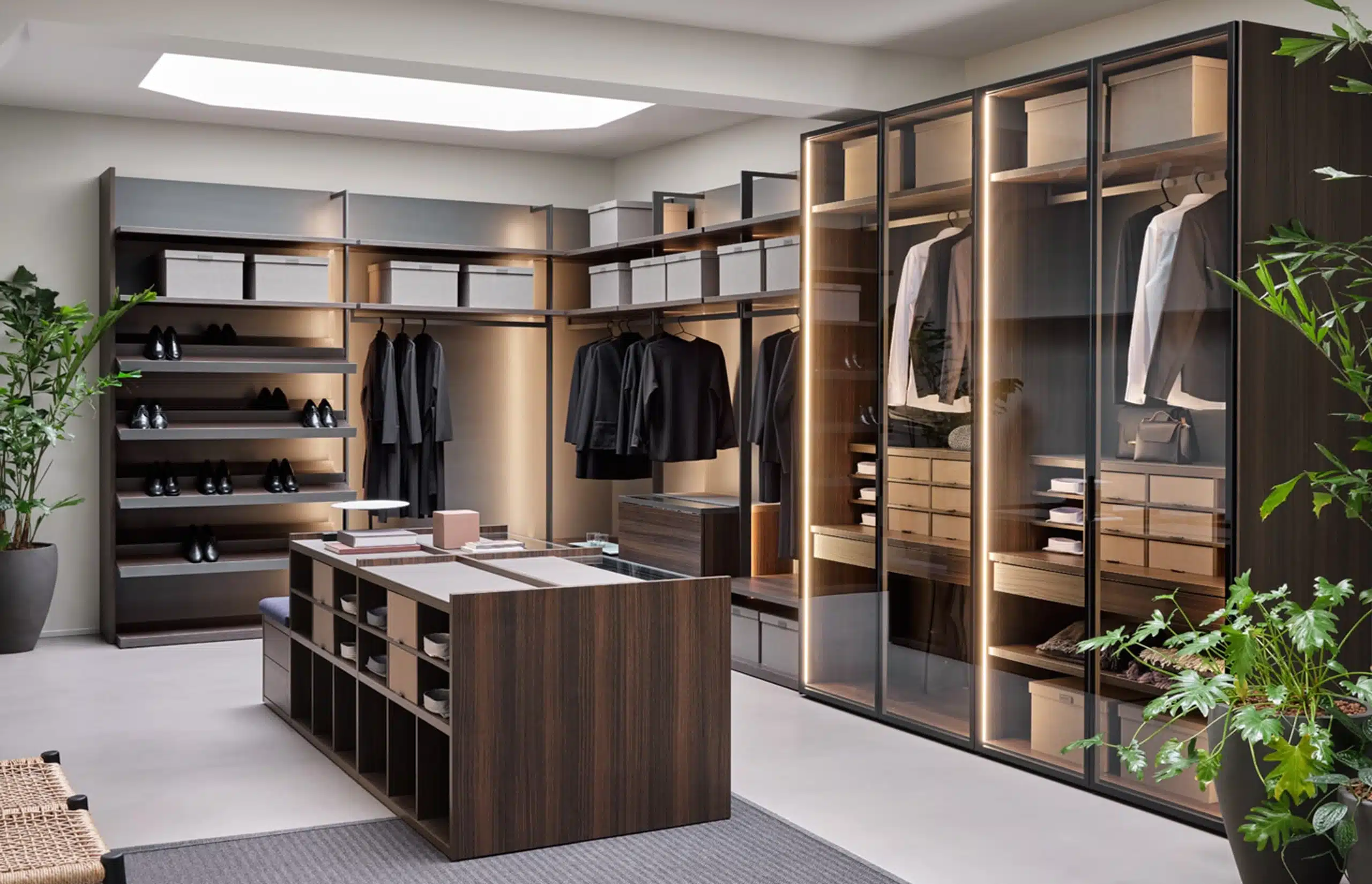 Luxury walk-in closet wit corner layout, open modules and modules with framed glass doors, central island for fashion accessories. Eucalyptus finish.