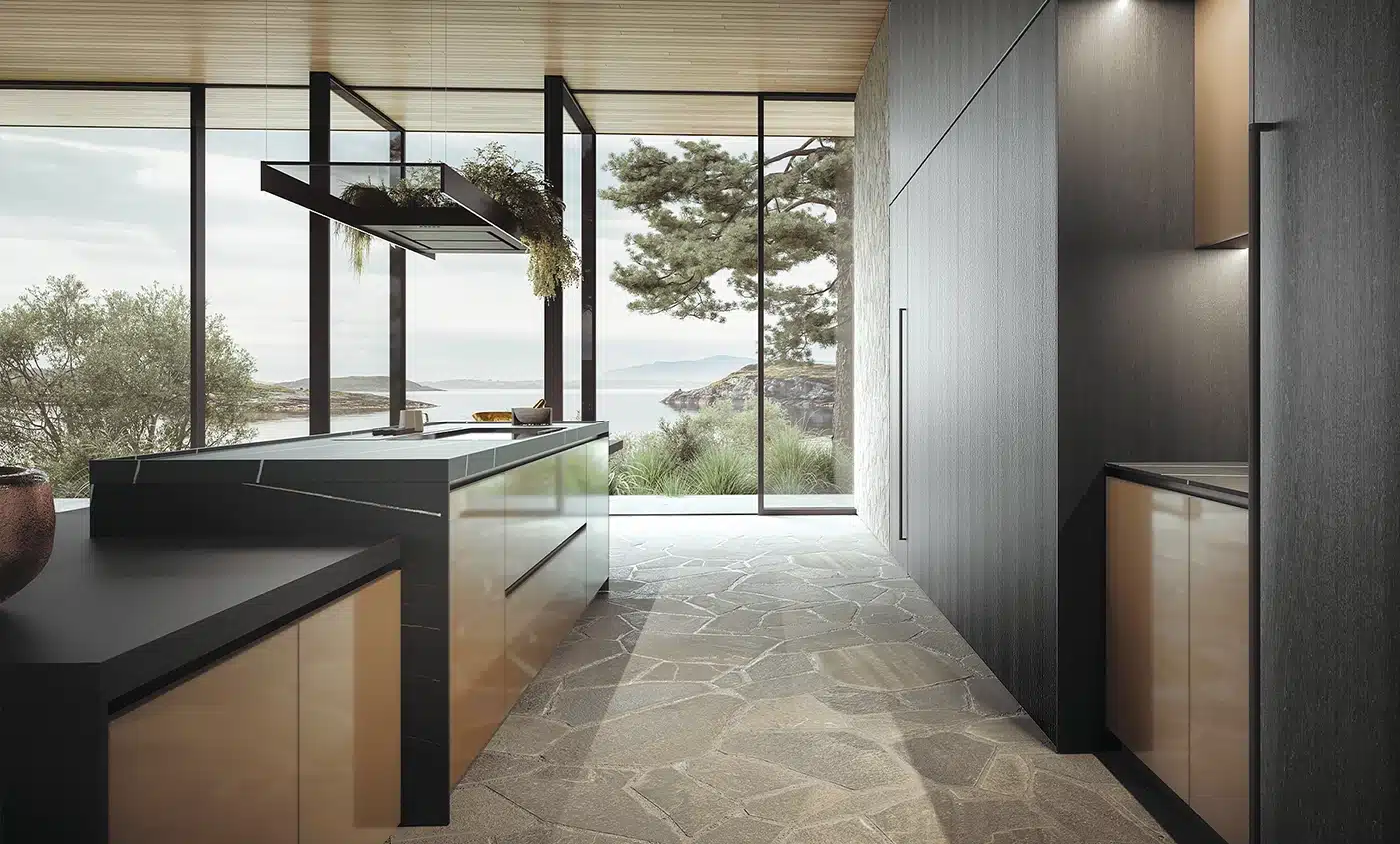 Large luxury kitchen with Italian cabinets in dark oak wood and next-generation lacquer in stunning contemporary home