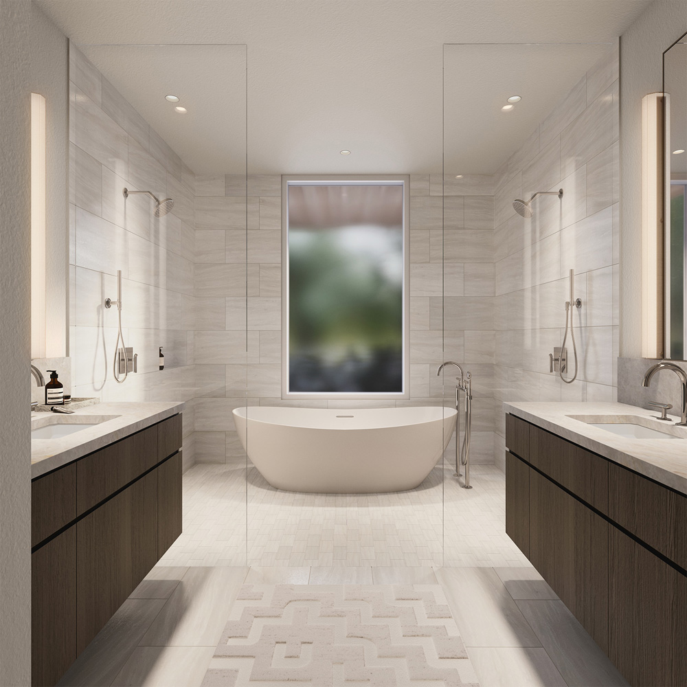 MandiCasa's dark wood bath cabinetry in a Canopy at Mill District residence