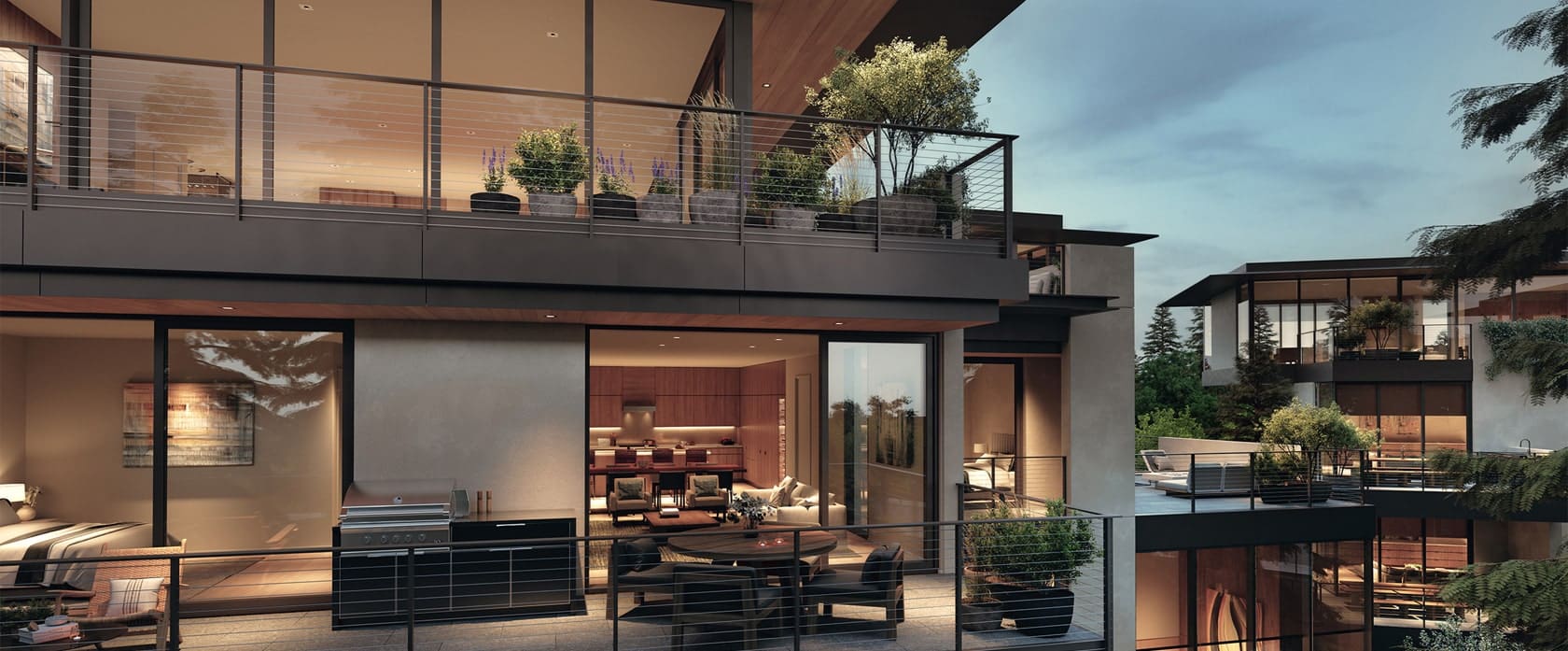 Outside view of the luxury residences of Canopy at Mill District showing the indoor-outdoor luxury living concept