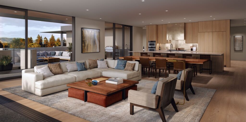 MandiCasa Yota kitchen in custom light oak wood overlooking the living room and terrace