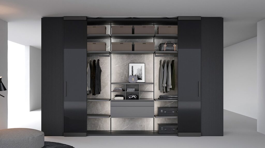 Luxury closet with stunning interiors in grey ceramic enhanced by LED lights