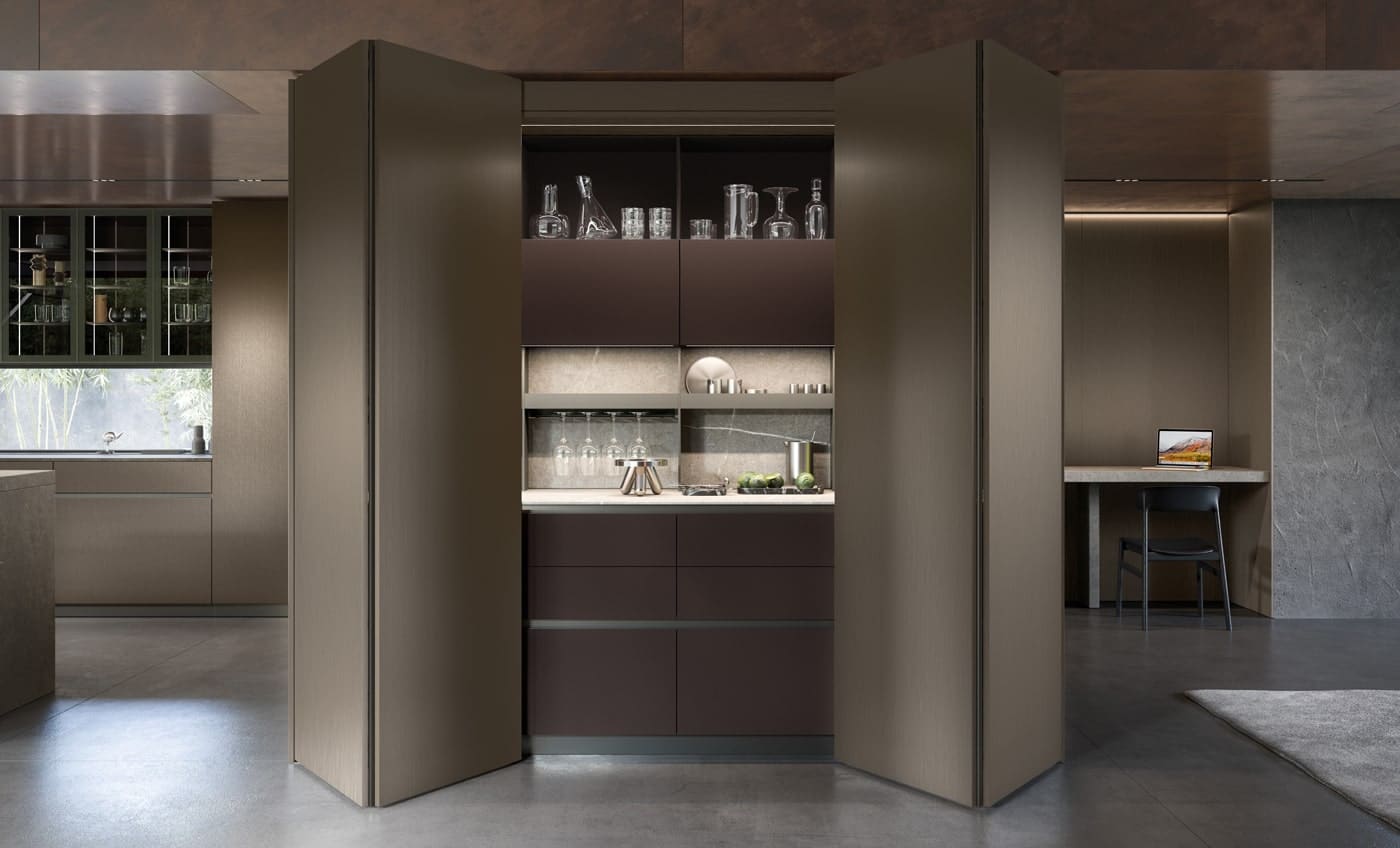 Luxury kitchen storage system and workstation with bifolding pocket doors revealing an elegant, organized workstation with storage, open shelves, and countertop.