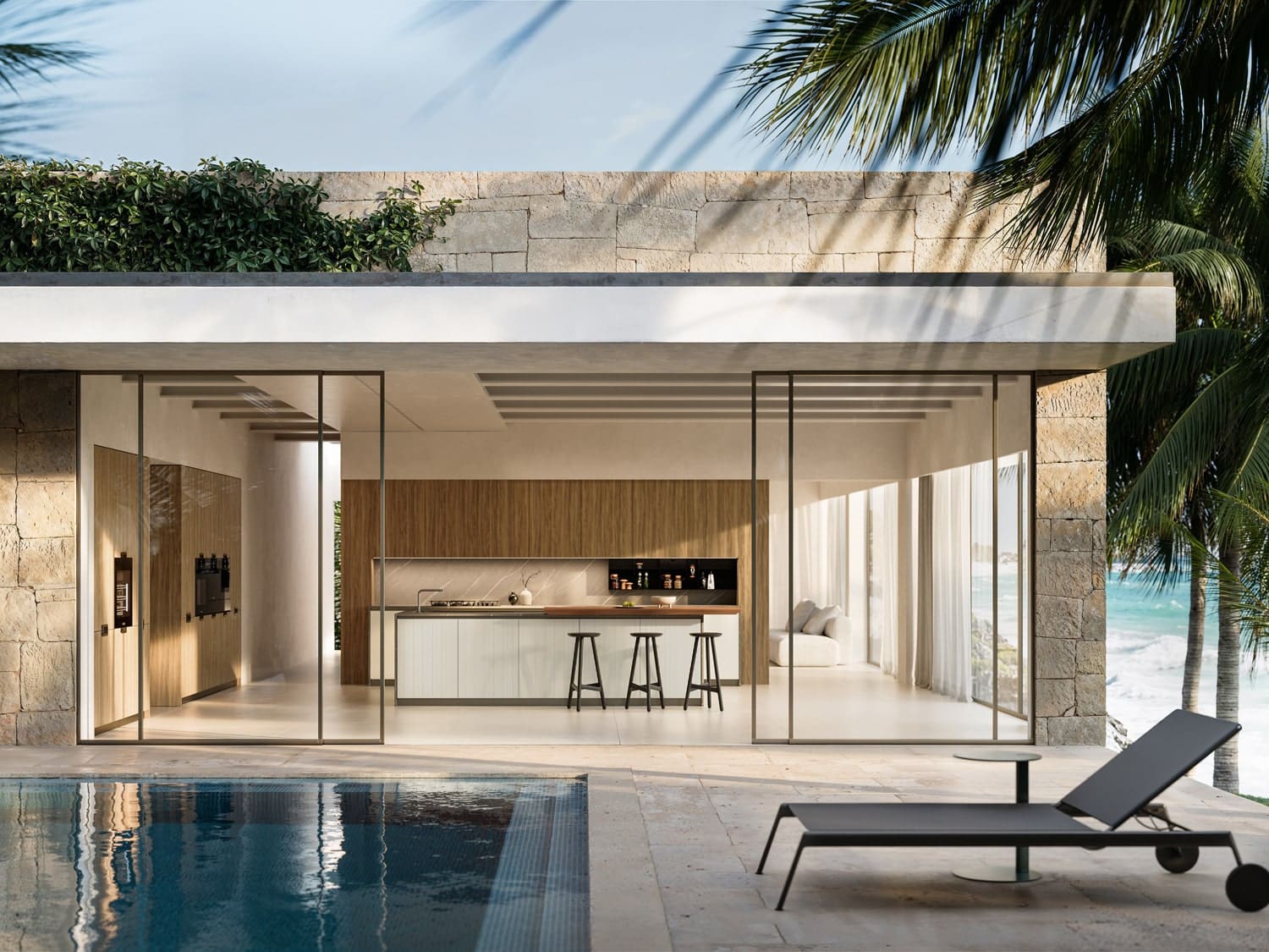 Luxury kitchen in contemporary home with a private swimming pool.
